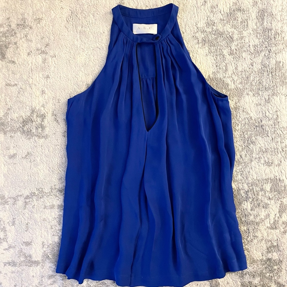 A.L.C. Blue Keyhole Cutout Halter, 100% Silk